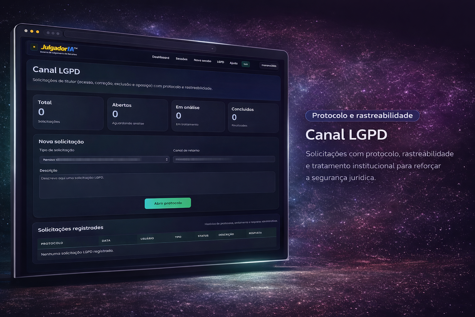 Tela do canal LGPD do JulgadorIA