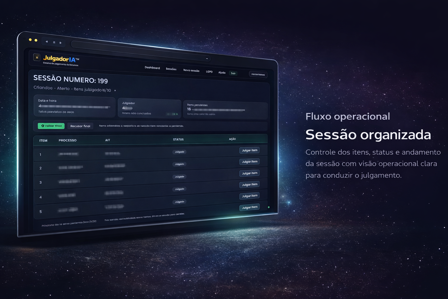 Tela de sessão organizada do JulgadorIA